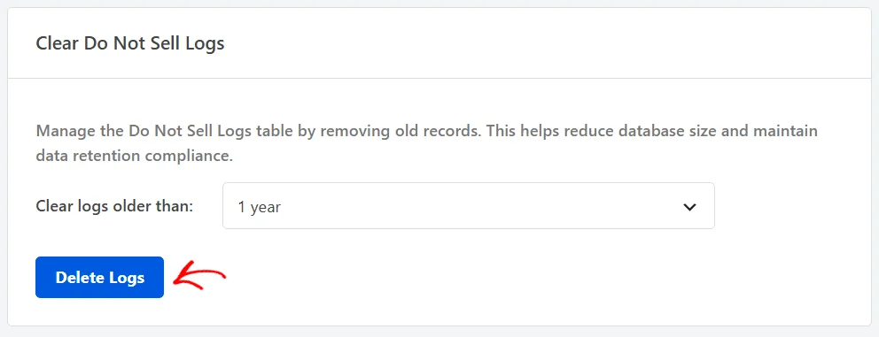 The Clear Do Not Sell Logs panel with an arrow pointing at its Delete Logs button, below a period dropdown showing 1 year