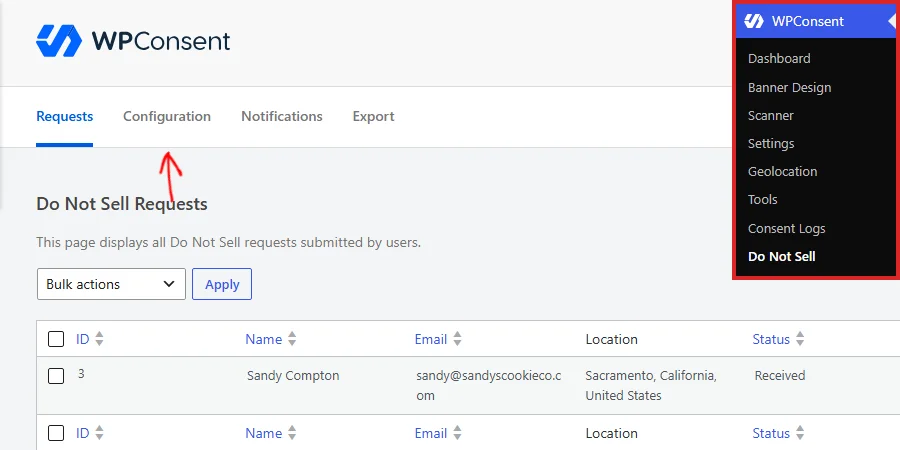 La barra lateral de administración de WordPress con "No vender" seleccionado en el menú WPConsent, y una flecha apuntando hacia arriba al separador "Configuración" en la fila de separadores de "No vender".