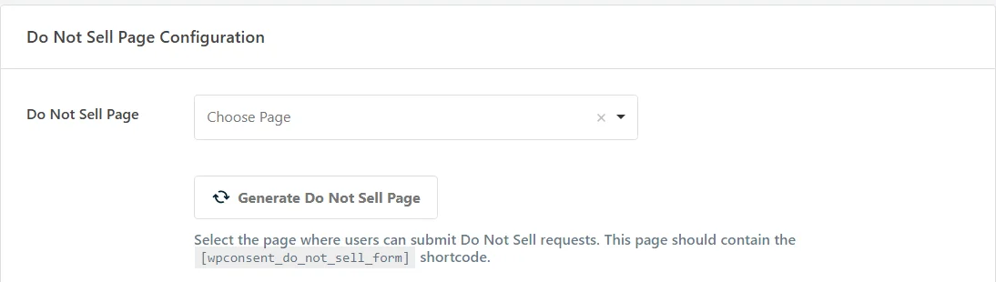 El panel de configuración de la página "No vender" con un selector de página vacío, un botón "Generar página No vender" y una nota que nombra el shortcode wpconsent_do_not_sell_form.