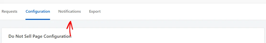 La fila de separadores "No vender" con una flecha apuntando hacia arriba al separador "Notificaciones", encima del panel de configuración de la página "No vender".