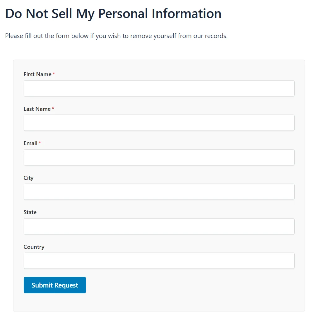 La página publicada "No vender mi información personal" que muestra el formulario con Nombre, Apellido y Correo electrónico marcados como obligatorios, luego Ciudad, Estado y País, y un botón Enviar solicitud.