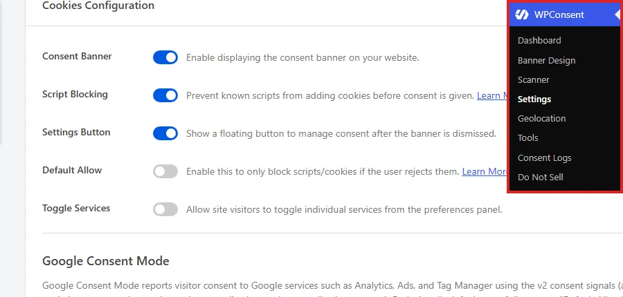 Das WPConsent-Menü ist in der WordPress-Admin-Seitenleiste geöffnet, mit Einstellungen hervorgehoben, über dem Cookies-Konfigurations-Panel auf dem Einstellungs-Tab