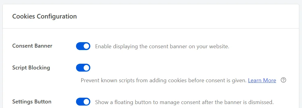 Das Cookies-Konfigurations-Panel auf dem WPConsent-Einstellungs-Tab, das die Zeilen Einverständnis-Banner, Skriptblockierung und Einstellungs-Button alle eingeschaltet zeigt