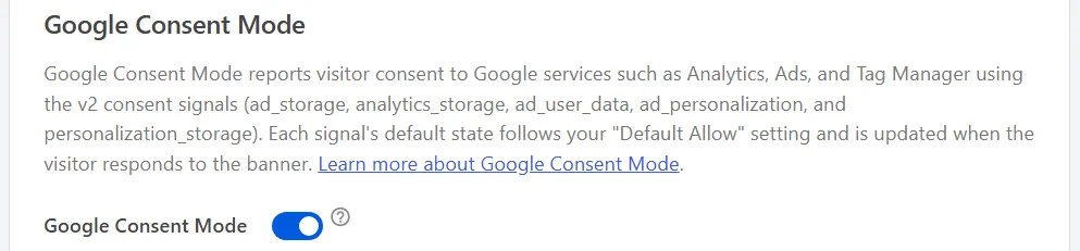 Der Google Consent Mode-Bereich auf dem WPConsent-Einstellungs-Tab, mit seiner Beschreibung, die die fünf v2-Einwilligungssignale nennt, und der darunter aktivierten Google Consent Mode-Einstellung