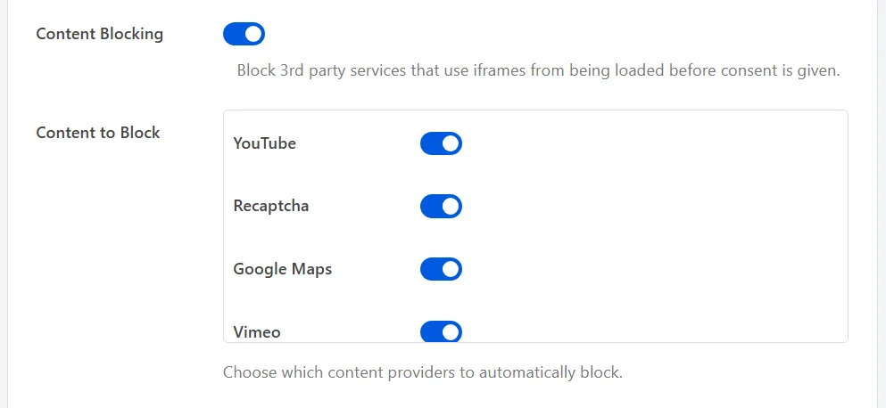 Die Zeile "Inhaltsblockierung" in WPConsent wurde aktiviert, wobei die darunter liegende Liste "Zu blockierende Inhalte" YouTube, Recaptcha, Google Maps und Vimeo anzeigte, die jeweils aktiviert waren.