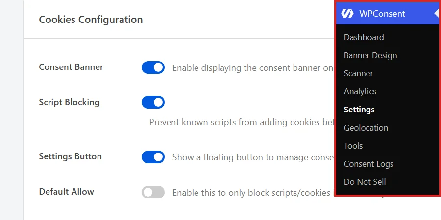 Opening Settings from the WPConsent menu in the WordPress admin sidebar