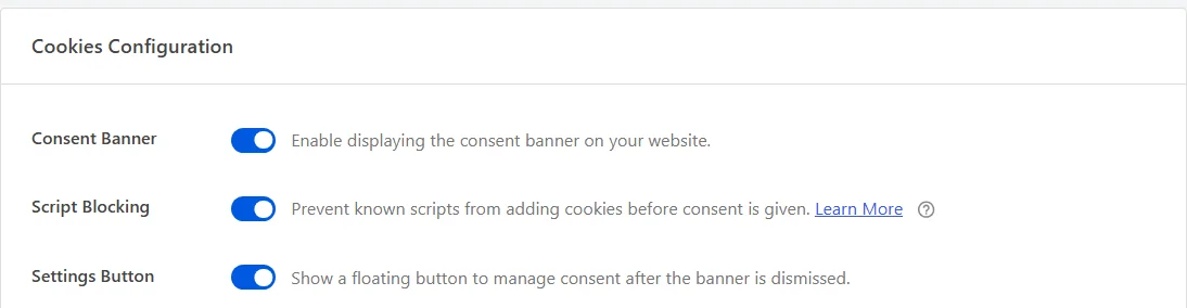 The Cookies Configuration panel on the WPConsent Settings tab