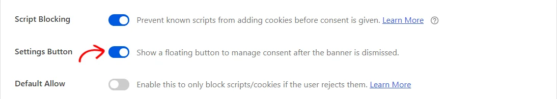 The Settings Button toggle switched on in the Cookies Configuration panel
