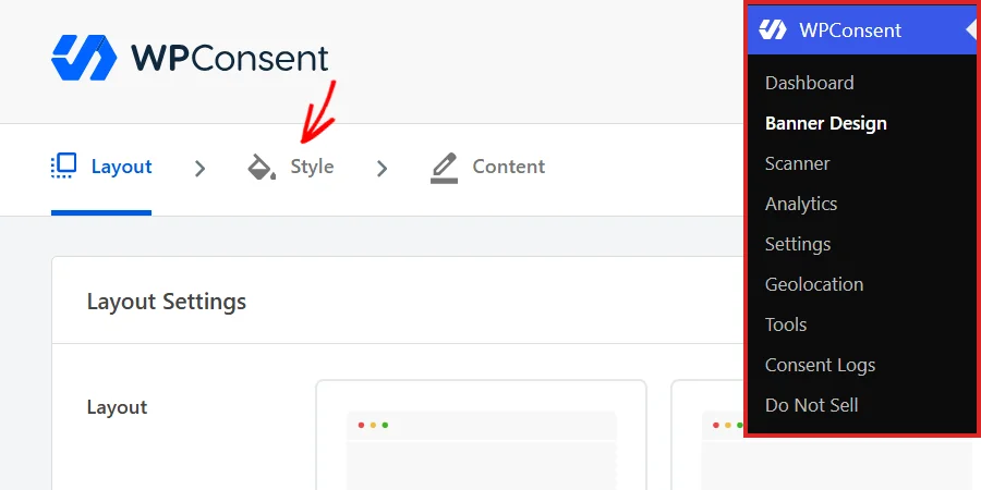 The Style tab in the Banner Design page, reached from the WPConsent menu in the WordPress admin sidebar