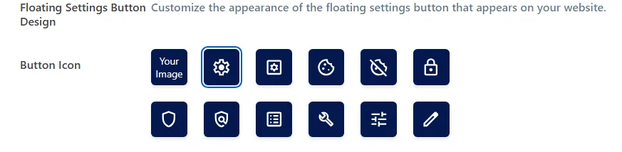 The Floating Settings Button Design section showing the Button Icon grid of 12 tiles