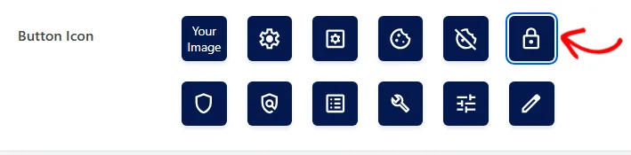 The padlock tile selected in the Button Icon grid, outlined in blue