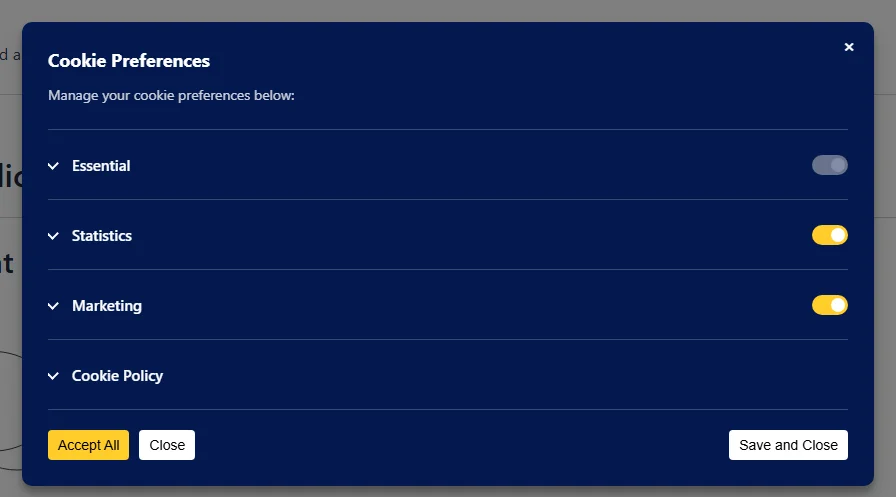 The WPConsent preferences panel opened from the floating settings button, with a toggle beside each cookie category