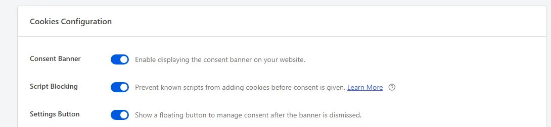 The top of the Cookies Configuration panel with its first settings rows
