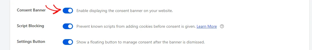 An arrow pointing at the Consent Banner toggle, turned on