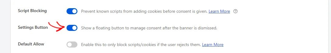 An arrow pointing at the Settings Button toggle, turned on
