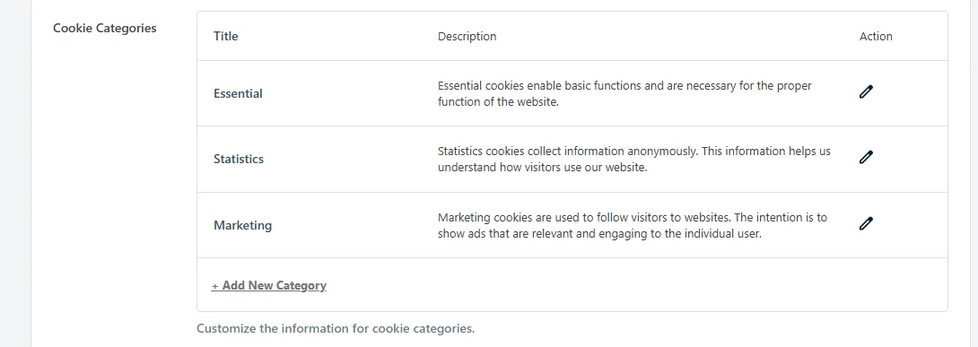 The Cookie Categories table listing Essential, Statistics, and Marketing with edit icons and an Add New Category button
