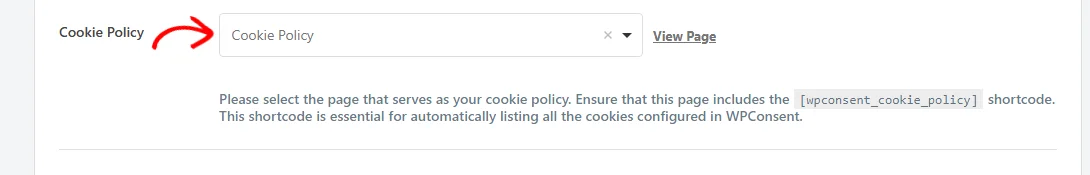 An arrow pointing at the Cookie Policy page selector with a page already chosen