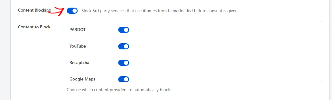 An arrow pointing at the Content Blocking toggle, with the Content to Block provider list below it