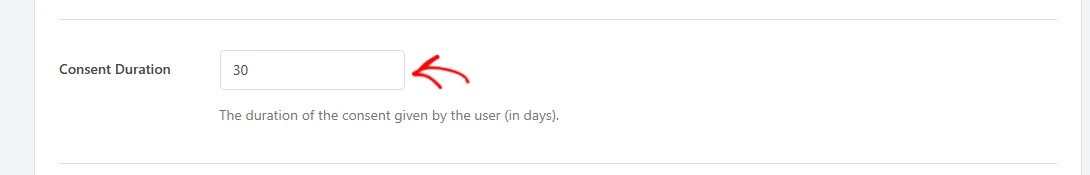 An arrow pointing at the Consent Duration field set to 30 days