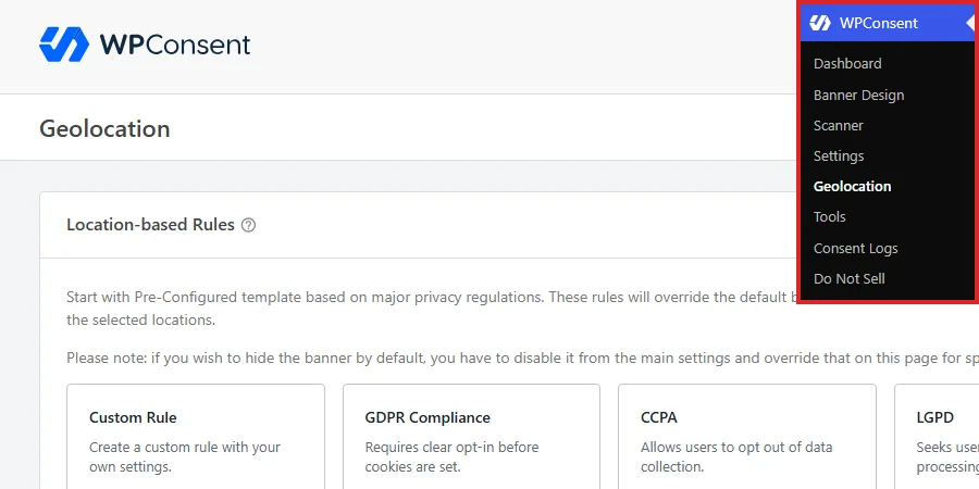 The WordPress admin sidebar with Geolocation selected under the WPConsent menu