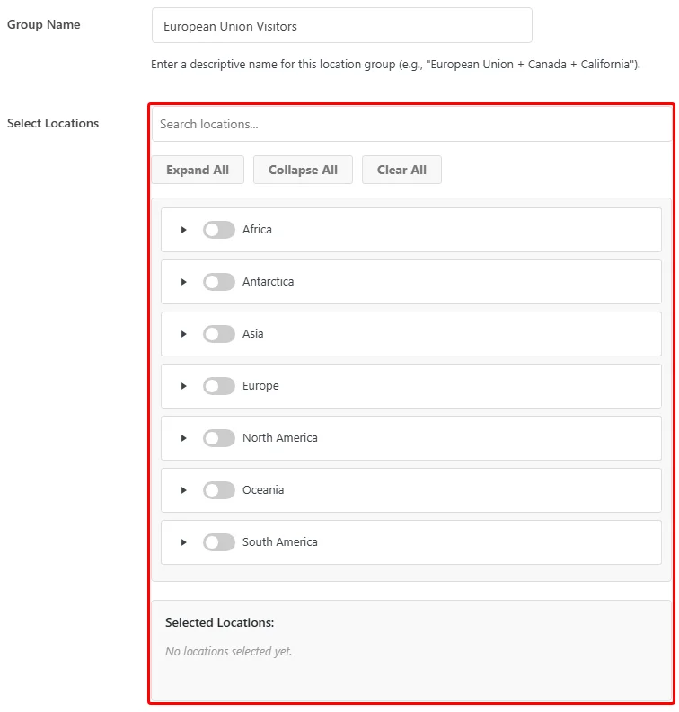 The Add New Location Group panel with a name entered in the Group Name field and the Select Locations picker outlined below it
