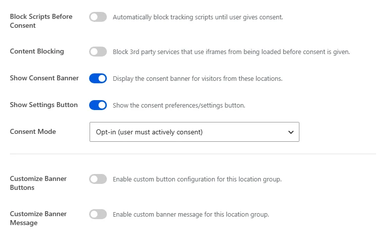 The consent settings in the Add New Location Group panel, showing the four toggles, the Consent Mode dropdown, and the two customize options