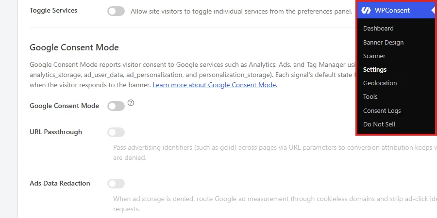Opening Settings from the WPConsent menu in the WordPress admin sidebar, with the Google Consent Mode section visible on the page behind it