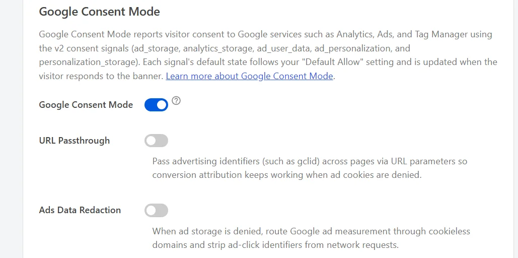 The Google Consent Mode section of the WPConsent Settings tab, showing the Google Consent Mode, URL Passthrough, and Ads Data Redaction rows