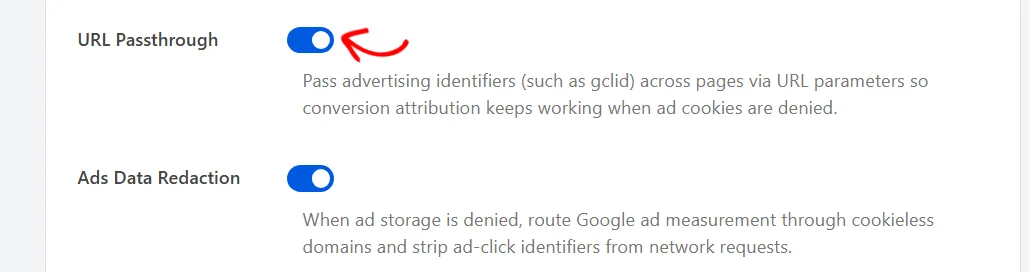 The URL Passthrough toggle turned on, with the Ads Data Redaction row below it