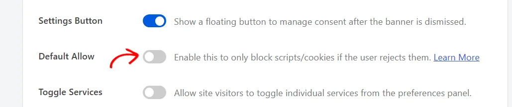The Default Allow row in the Cookies Configuration panel, turned off, between the Settings Button and Toggle Services rows
