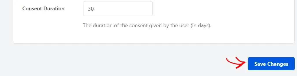 The Save Changes button below the Consent Duration setting at the bottom of the WPConsent Settings tab