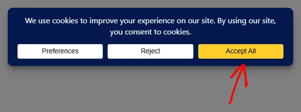 The WPConsent consent banner on the front end of a site, with an arrow pointing at the Accept All button