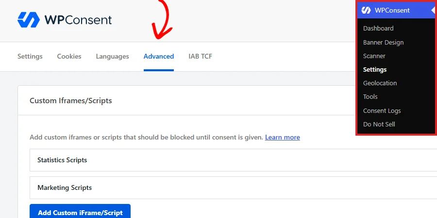 Öffnen der Einstellungen über das WPConsent-Menü in der Seitenleiste der WordPress-Administration, mit einem Pfeil, der auf die Registerkarte „Erweitert“ auf der dahinter liegenden Seite zeigt