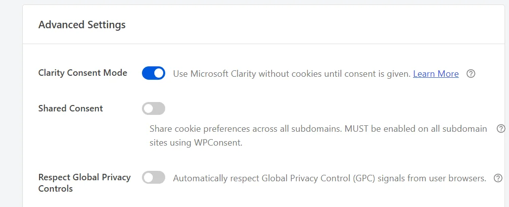 Das Bedienfeld „Erweiterte Einstellungen“ am unteren Rand der Registerkarte „Erweitert“ von WPConsent, wobei die Zeile „Global Privacy Controls respektieren“ unten ausgeschaltet ist