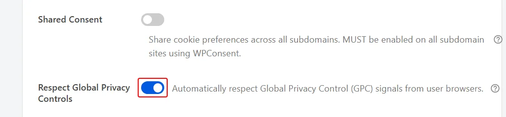 Ein roter Kasten um den Schalter „Global Privacy Controls respektieren“, der im Bedienfeld „Erweiterte Einstellungen“ aktiviert ist