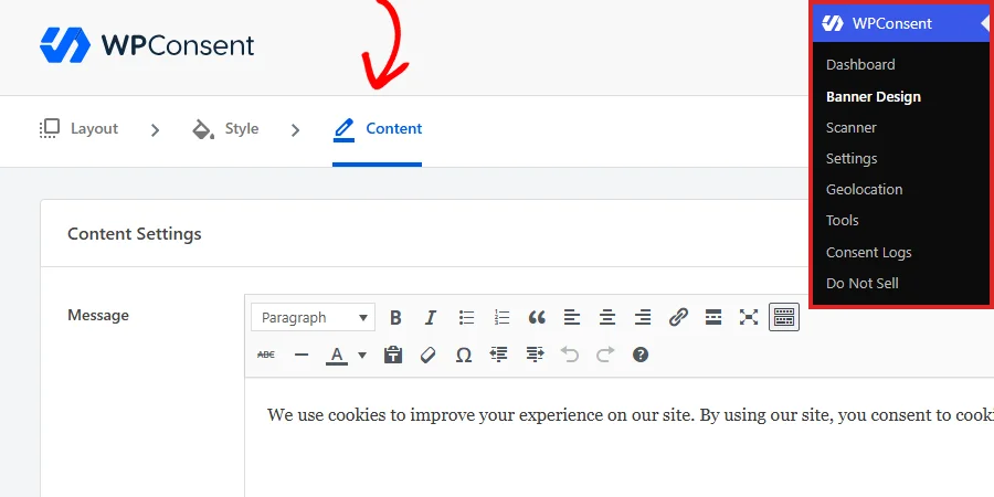 Öffnen von „Bannerdesign“ über das WPConsent-Menü in der Seitenleiste der WordPress-Administration, mit einem Pfeil, der auf die Registerkarte „Inhalt“ zeigt