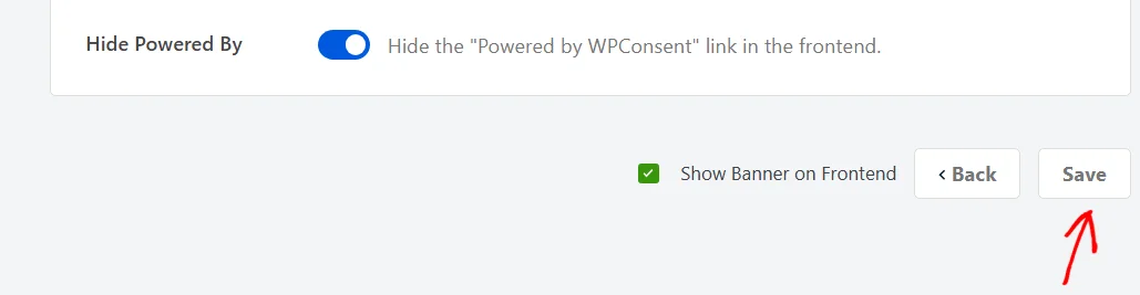 Ein Pfeil, der auf die Schaltfläche „Speichern“ am unteren Rand der Registerkarte „Bannerdesign Inhalt“ zeigt