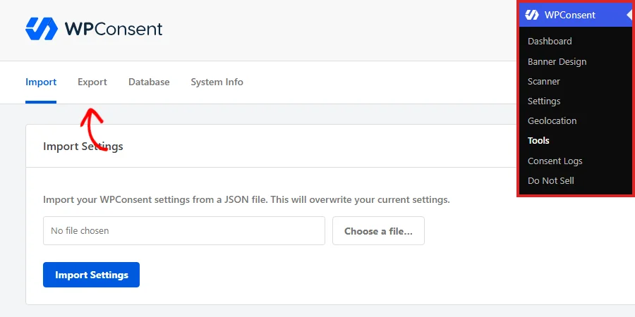 The WordPress admin sidebar with Tools selected under the WPConsent menu, and an arrow pointing at the Export tab in the Tools tab row