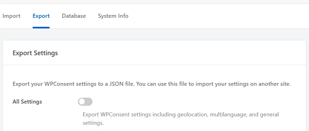 The Export tab of WPConsent Tools showing the Export Settings panel, with the All Settings toggle switched off below the panel description