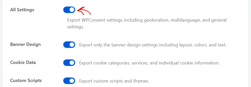 The four export options in WPConsent Tools, All Settings, Banner Design, Cookie Data, and Custom Scripts, all switched on, with an arrow pointing at the All Settings toggle
