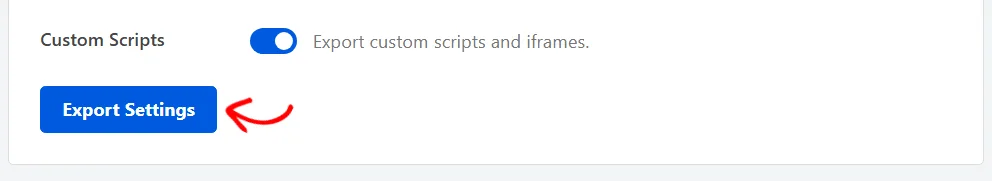 An arrow pointing at the Export Settings button below the Custom Scripts option in the Export Settings panel