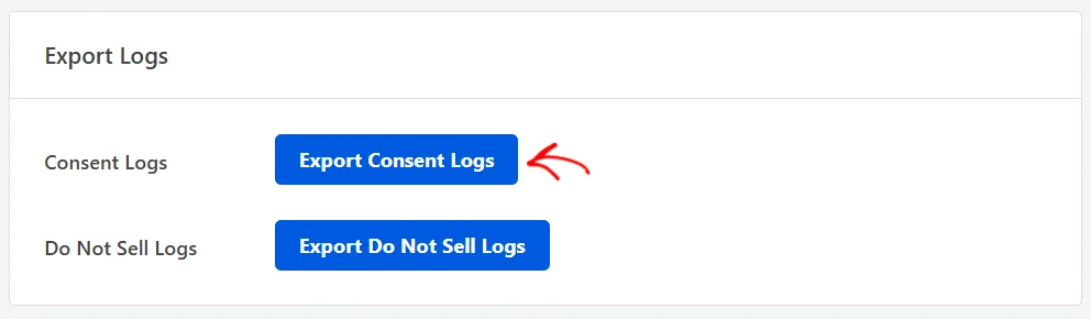 The Export Logs panel in WPConsent Tools with an Export Consent Logs button and an Export Do Not Sell Logs button, and an arrow pointing at Export Consent Logs