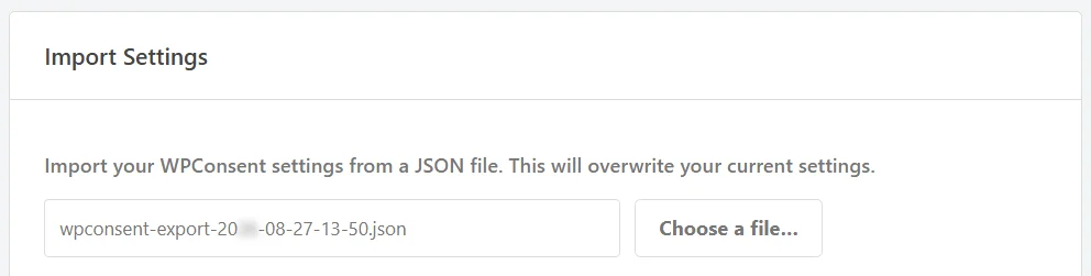 The Import Settings panel with the chosen export file name showing in the file field instead of No file chosen