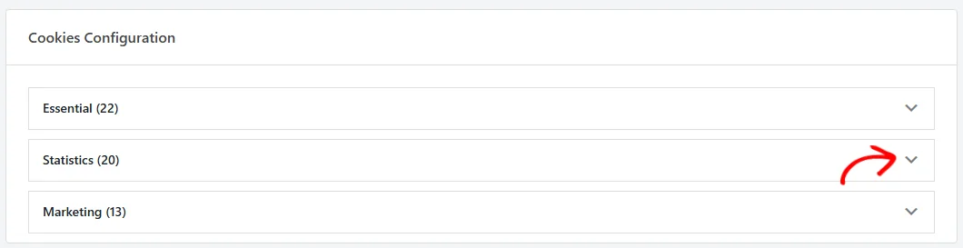 The Cookies Configuration panel with the cookie categories collapsed and their entry counts in brackets, and an arrow pointing at the expand arrow on one category row