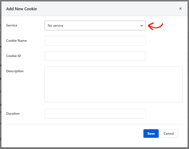 The Add New Cookie overlay showing the Service, Cookie Name, Cookie ID, Description, and Duration fields, with an arrow pointing at the Service dropdown