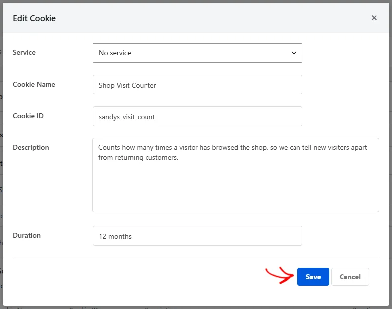 The Edit Cookie overlay with the entry's values pre-filled and the Duration changed to 12 months, with an arrow pointing at the Save button