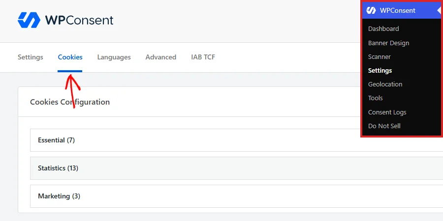 The WordPress admin sidebar with Settings selected under WPConsent, and an arrow pointing at the Cookies tab on the settings page