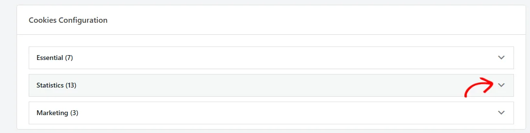The Cookies Configuration panel listing Essential, Statistics, and Marketing as collapsed rows, with an arrow pointing at the expand arrow on the Statistics row