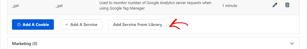 The button row at the bottom of an expanded category, with an arrow pointing at the Add Service From Library button