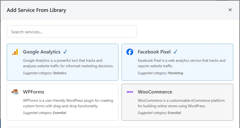 The Add Service From Library overlay with a search box above the first four service entries, each showing a name, a description, and a suggested category, with a check beside the two entries already filed on the site